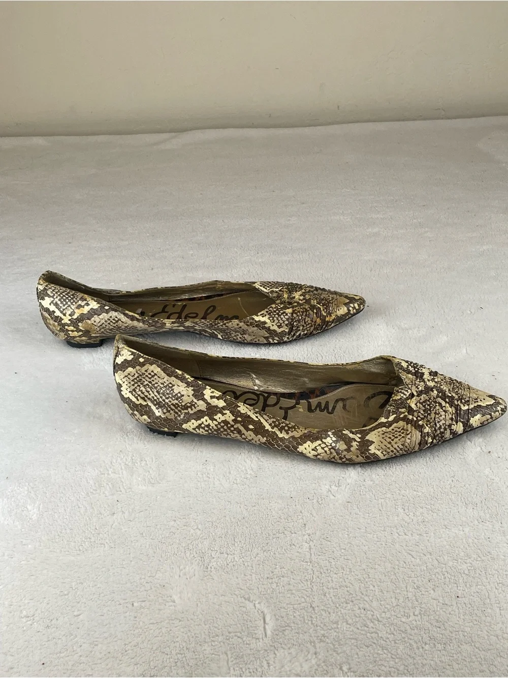 Balmain Pointed Toe Snake-Print Flats — Cream & Brown